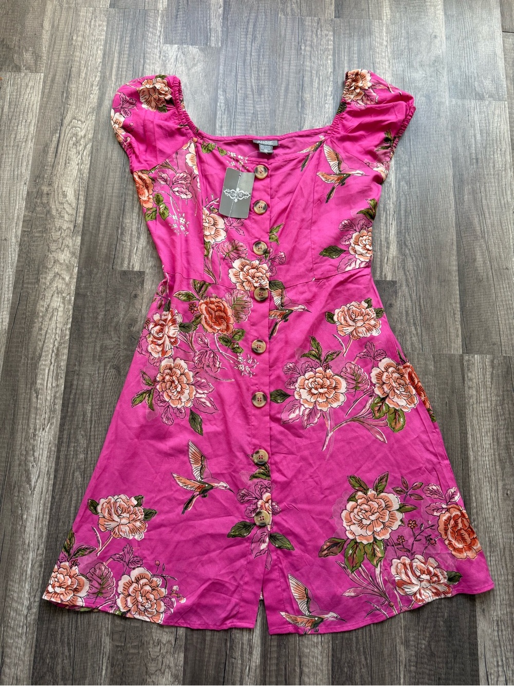 Angie Pink Floral Button Front Mini Dress M Boho Cottagecore Chic NWT